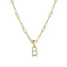 14k Yellow Gold & Diamond Paperclip Initial B Necklace