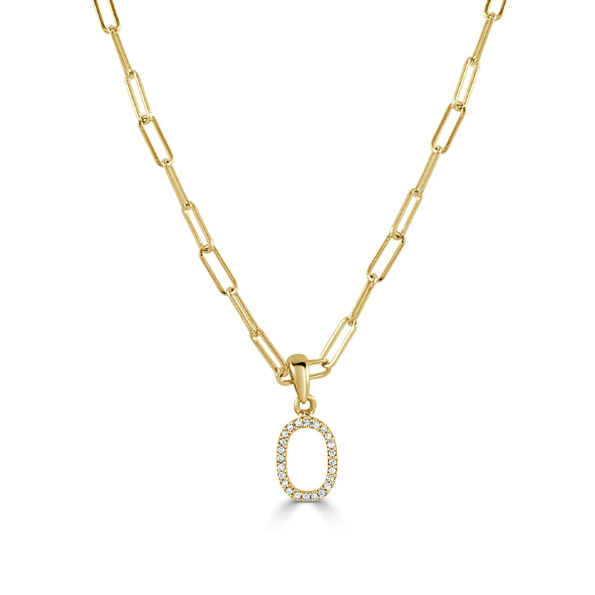 14k Yellow Gold & Diamond Paperclip Initial O Necklace