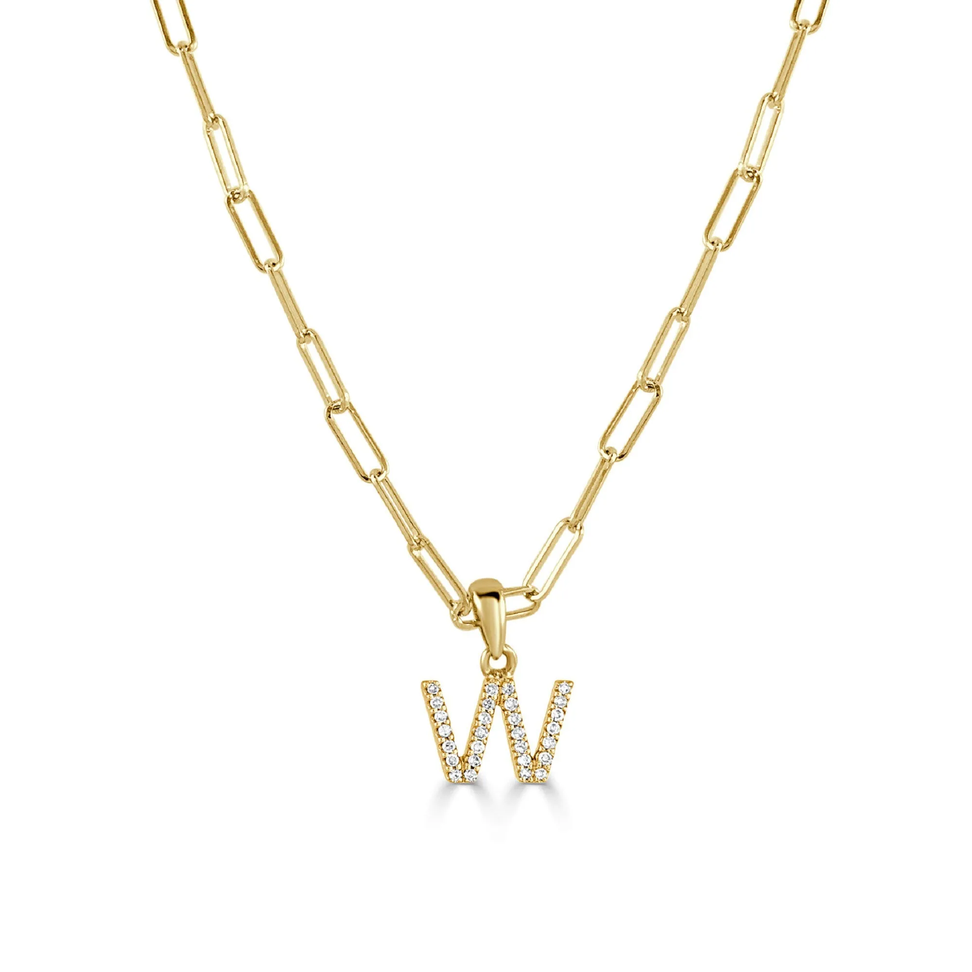 14k Yellow Gold & Diamond Paperclip Initial W Necklace