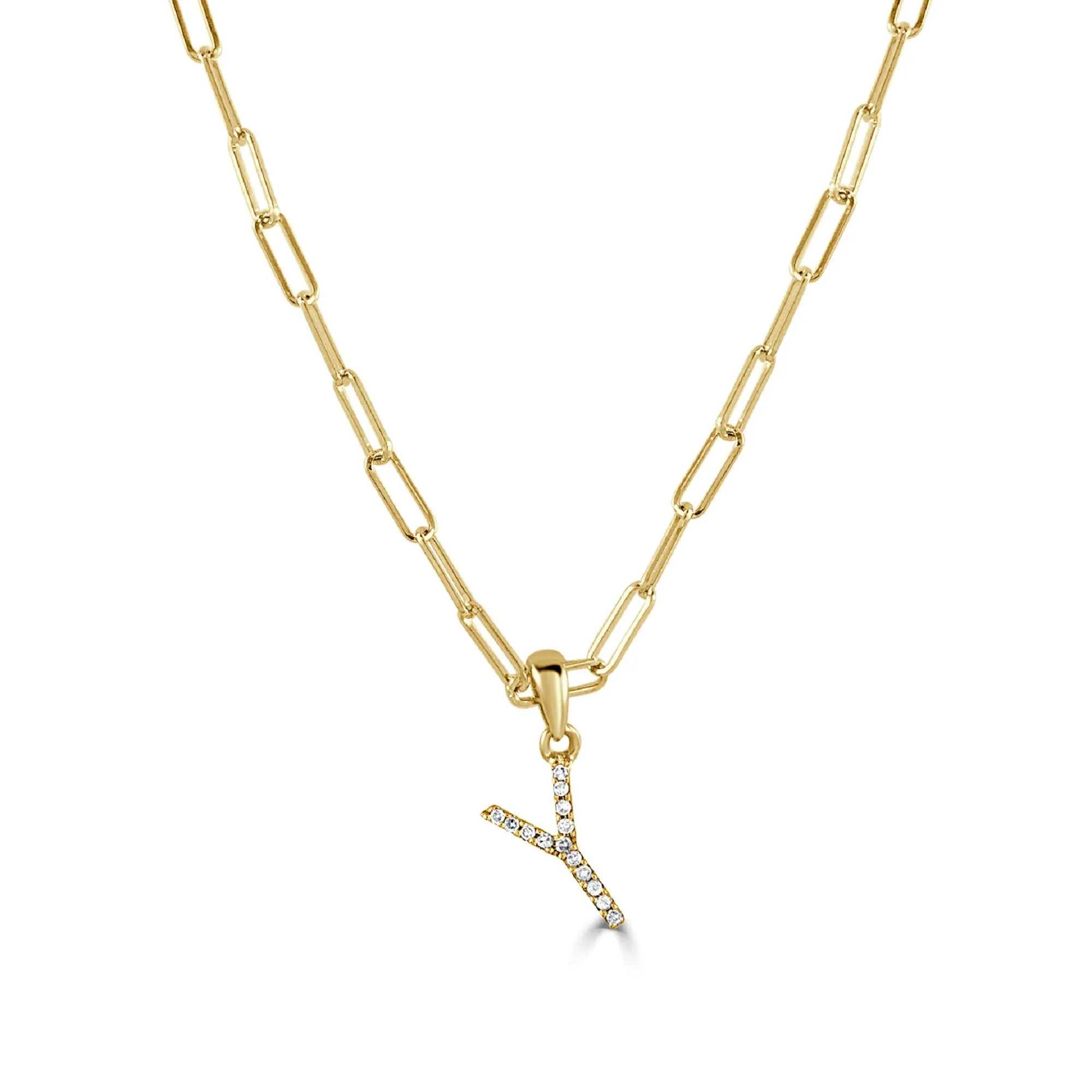 14k Yellow Gold & Diamond Paperclip Initial Y Necklace