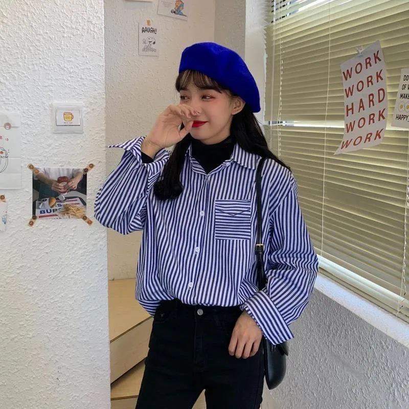 Joskaa Christmas Gift EBAIHUI Blue Striped Shirts Preppy Ofiice Laies Tops Women Fashion Long Sleeve Autumn Blouses Casual Vintage Button Shirts