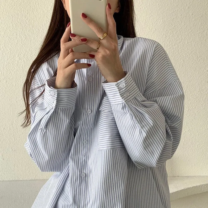 Joskaa Christmas Gift EBAIHUI Blue Striped Shirts Preppy Ofiice Laies Tops Women Fashion Long Sleeve Autumn Blouses Casual Vintage Button Shirts