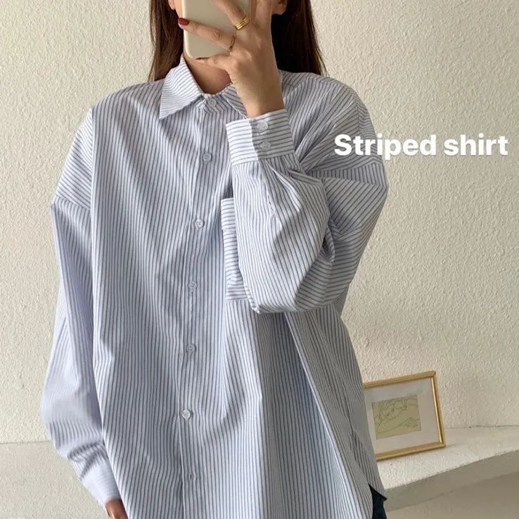 Joskaa Christmas Gift EBAIHUI Blue Striped Shirts Preppy Ofiice Laies Tops Women Fashion Long Sleeve Autumn Blouses Casual Vintage Button Shirts