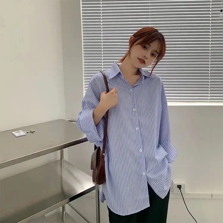 Joskaa Christmas Gift EBAIHUI Blue Striped Shirts Preppy Ofiice Laies Tops Women Fashion Long Sleeve Autumn Blouses Casual Vintage Button Shirts