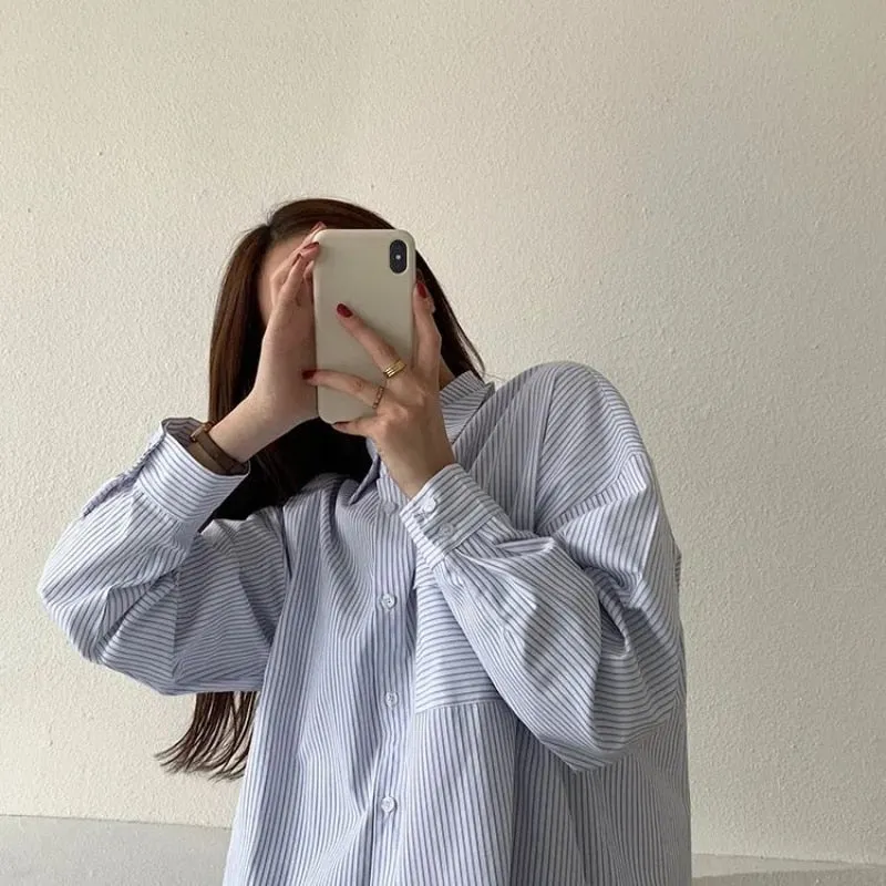 Joskaa Christmas Gift EBAIHUI Blue Striped Shirts Preppy Ofiice Laies Tops Women Fashion Long Sleeve Autumn Blouses Casual Vintage Button Shirts