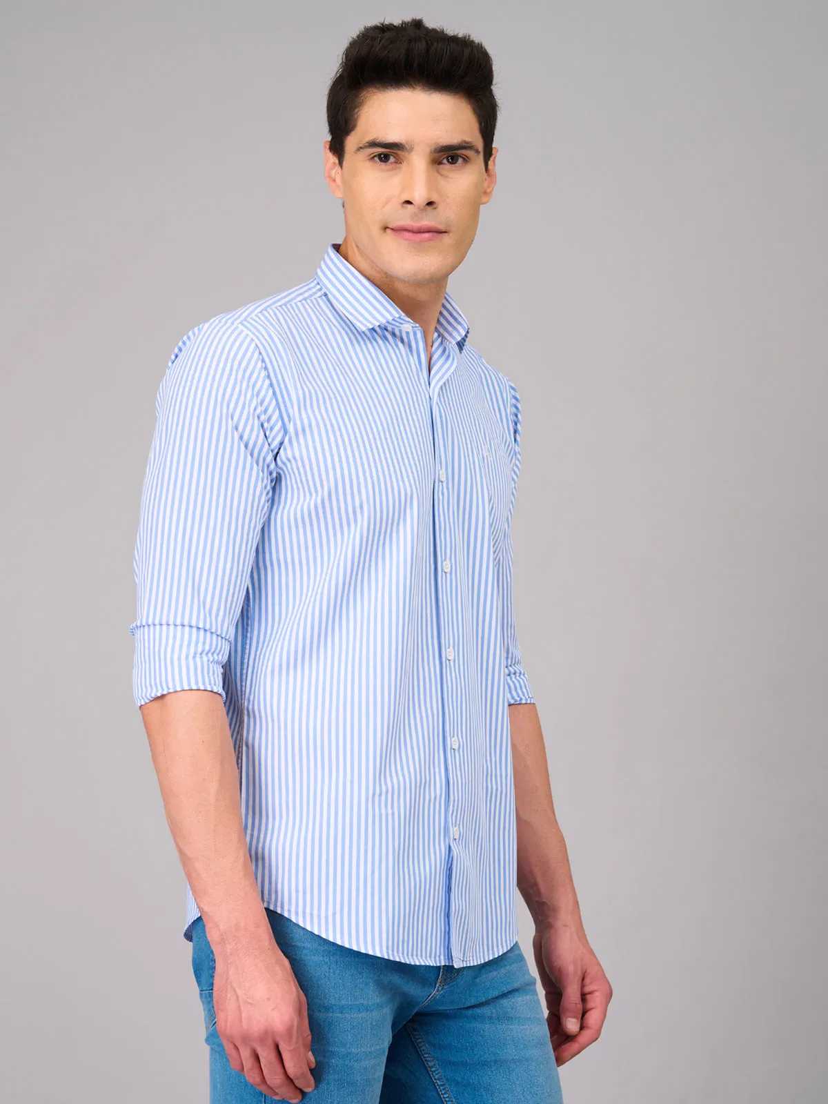 Men Light Blue Striped Shirt (GBMKLS2903)