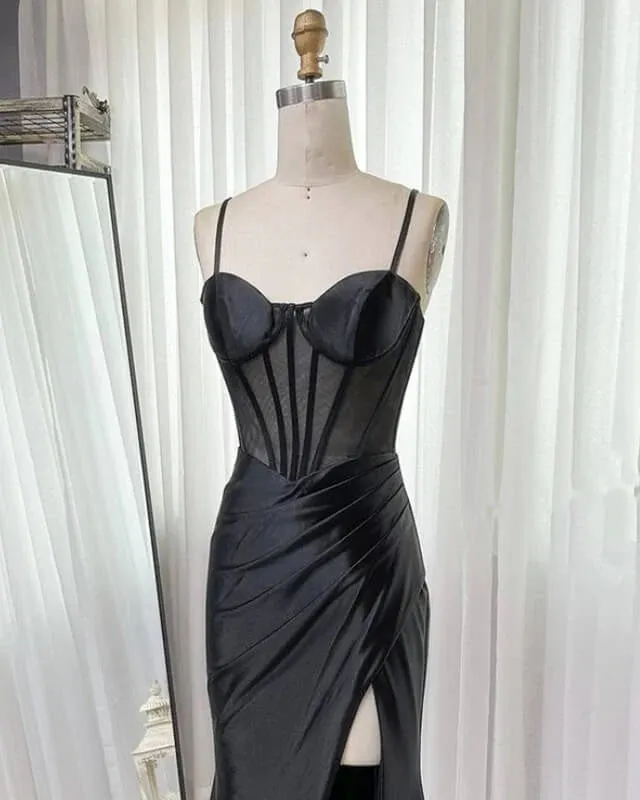 Mermaid Sweetheart Sheer Top Slit Satin Dress Corset Ruched Prom Dresses