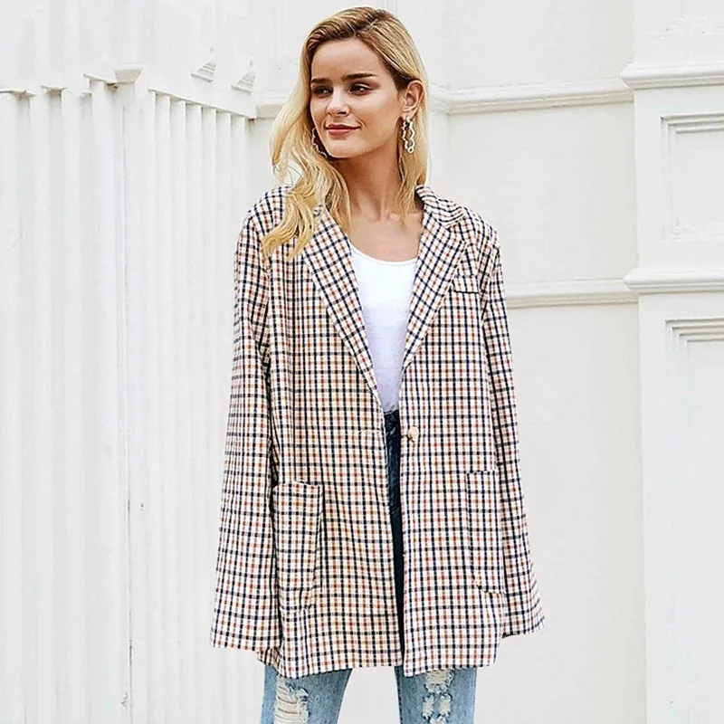 Women's Autumn Vintage Turn Down Collar Plaid Blazer