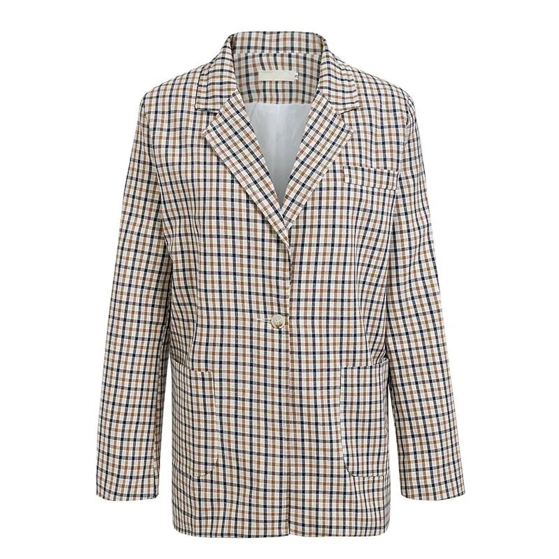 Women's Autumn Vintage Turn Down Collar Plaid Blazer
